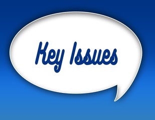 KEY ISSUES text on dialogue balloon illustration. Blue background.