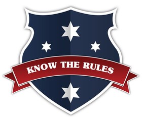 Blue shield and red ribbon with KNOW THE RULES text.