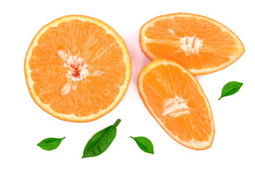 orange or tangerine slices with leaves isolated on white background. Flat lay, top view. Fruit composition