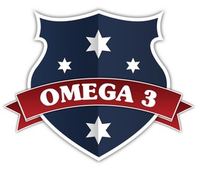 Blue shield and red ribbon with OMEGA 3 text.