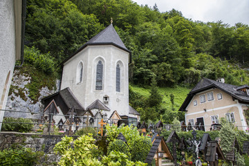 The Charnel House (Beinhaus) and the cemetery of the Catholic Church of the Assumption in Hallstatt, Salzkammergut, Austria