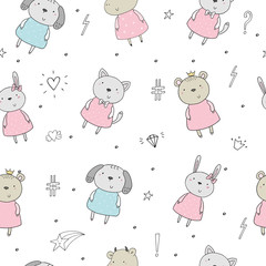 Cute seamless pattern with funny Animals. Vector Illustration.