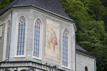 Views of the Catholic Parish Church of the Assumption in Hallstatt, part of Dachstein-Salzkammergut...