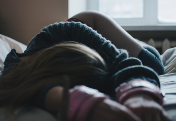 Beautiful naked girl in the grey sweater and red panties sex handcuffs