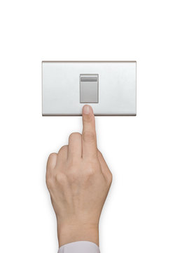 Energy saving idea with business persons hand turn off switch light button isolated on white background (clipping path)