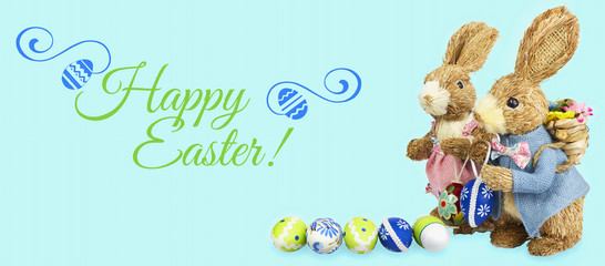 Happy easter with easter bunny eggs background blue