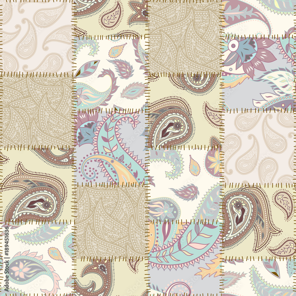Poster Seamless background pattern. Patchwork pattern of a squares with Paisley ornament patterns.