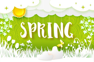 Flowering meadow. Flowers, grass, sun, clouds, butterfly cut out from white paper on a fresh green background with doodle ornament. Paper art. Hello Spring text. Vector illustration. Nature banner
