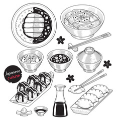Japan food doodle elements hand drawn style. Vector Illustrations.
