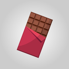 Sweet chocolate bar In red wrap.  Flat vector illustration.