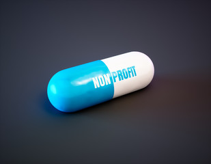 Non profit drugs concept. Blue pill with text on black background. 3d illustration.