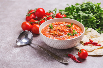 Indian Tomato Rasam with lentil, mint, cilantro and cashew