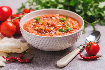 Indian Tomato Rasam with lentil, mint, cilantro and cashew