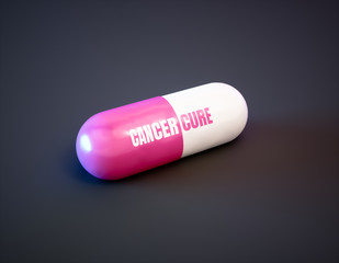 Cancer cure drug concept. Pink pill with text on black background. 3d illustration.