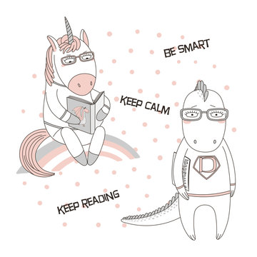 Hand drawn vector illustration of a cute funny cartoon unicorn reading a book, dragon in glasses and sweatshirt, holding a comic, text. Isolated objects. Design concept for children, geek culture.