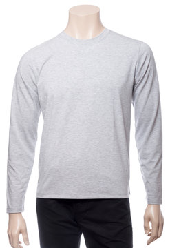 Grey Heathered Longsleeve Cotton Tshirt On A Mannequin Isolated