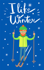 I Like Winter Skier Poster Vector Illustration