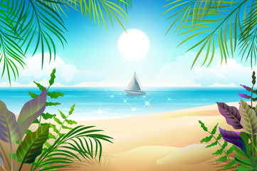 Naklejka premium Paradise tropical beach landscape. Coastline, palm leaves, blue sea and sky