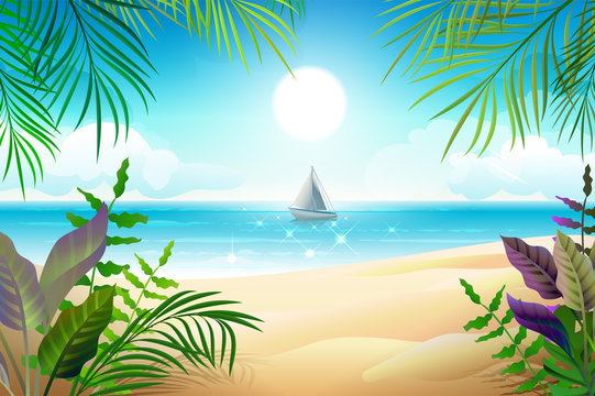 Paradise tropical beach landscape. Coastline, palm leaves, blue sea and sky