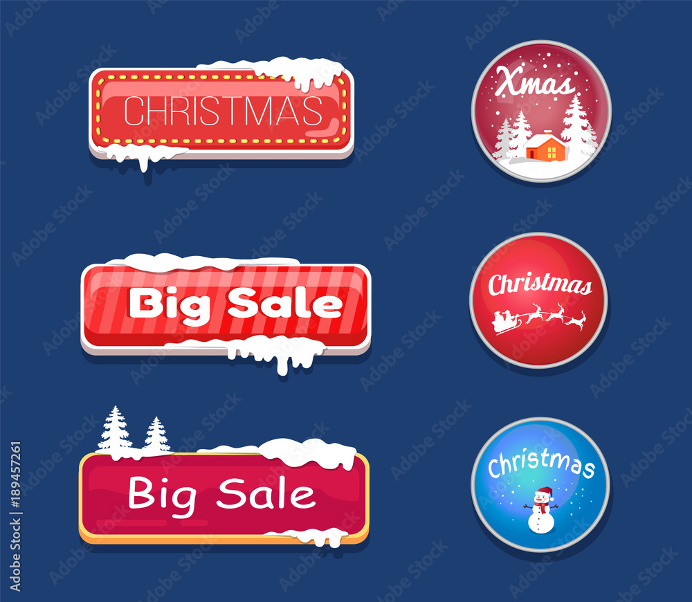 Poster set of winter theme web push button covered snow