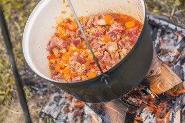 Boiling, hot goulash soup with meat, paprika, potatoes, onion, carrots is the traditional dish of Hungarian cuisine. Meat stew being prepared in crock pot on open fire. Picnic at the weekend in nature
