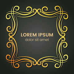 A square golden monogram element on a dark background. Vector illustration.
