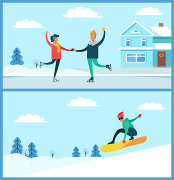 People Skating, Snowboarding Vector Illustration