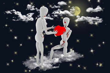 Dichiarazione d'amore in cielo fra le nuvole. Fidanzato offre il cuore nel giorno di San Valentino..