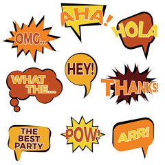 Set of nine cartoon comic balloon speech bubbles in flat style. Elements of design comic books with different phrases. Vector illustration
