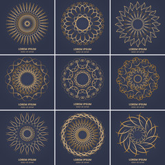 Set of nine vintage geometric circular elements. Vector gold monogram on dark blue background. Vector illustration
