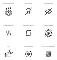 Garments fabric technology and properties vector icon set. Moisture Wicking, Anti Fungal, Anti Bacterial, Ion Emissions, Allergy Aware, Memory Stretch, Odor Resistant, UV Resistant