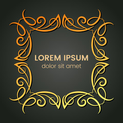 A square golden monogram element on a dark background. Vector illustration.

