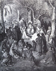 Jesus sermon on the mount, graphic art from Gustave Dore published in The Holy Bible.