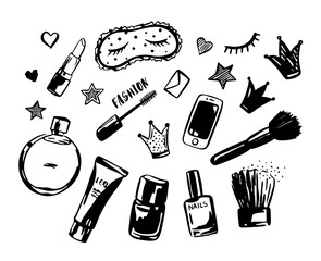 Hand drawn set of fashionable cosmetics, perfume, phone, crowns, stars and hearts and others. Objects isolated on white. Beauty vector illustration