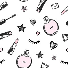 Vector fashion seamless pattern. Hand drawn fashion illustration with cosmetics, perfume, lipstick and others. Objects isolated on white. Beauty vector illustration.