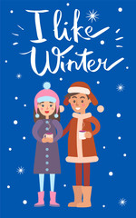Fototapeta na wymiar I Like Winter Boy and Girl Vector Illustration