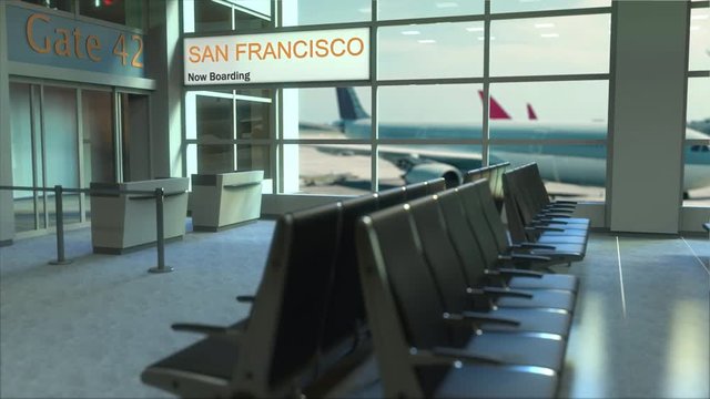 San Francisco flight boarding now in the airport terminal. Travelling to the United States conceptual intro animation