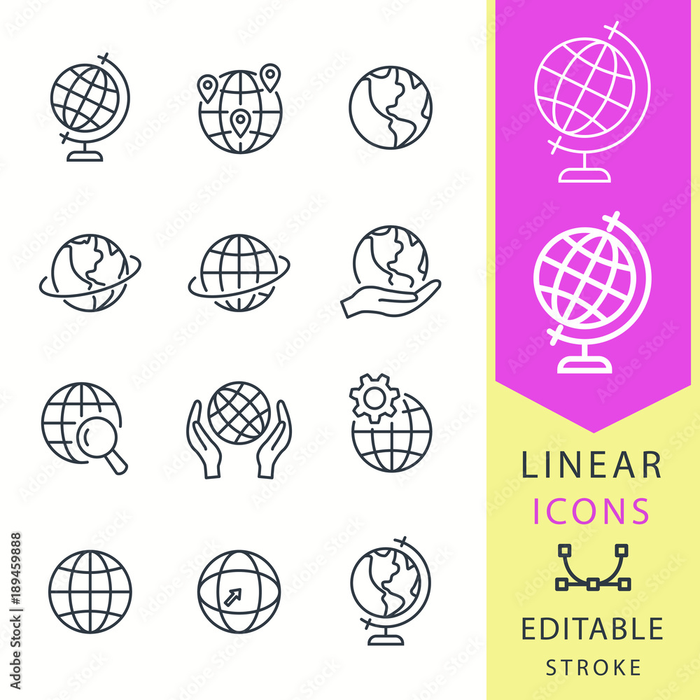 Poster globe - line vector icon set. editable stroke.