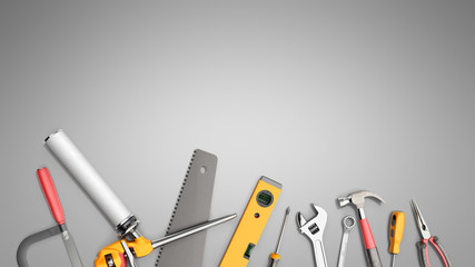 construction background with tools 3d render on grey