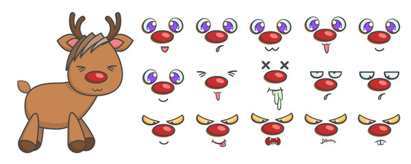 Vector set of standing rudolph reindeer with different face emotions. Cute cartoon illustration