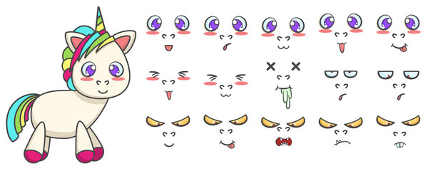 Vector set of standing unicorn with different face emotions. Cute cartoon illustration