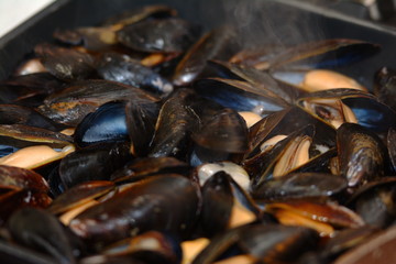Fried oysters in a frying pan. Close up