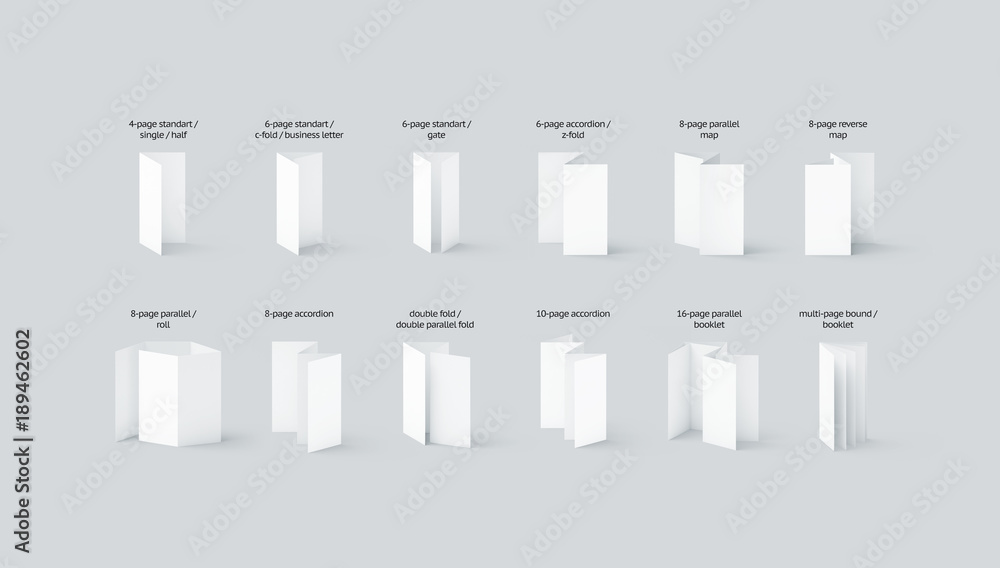 Poster blank flyers and booklets mockups types set with names, isolated, 3d rendering. clear empty brochure
