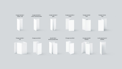 Blank flyers and booklets mockups types set with names, isolated, 3d rendering. Clear empty...