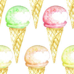 Hand drawn seamless pattern with ice-cream. Sweet summer print for notebook cover, posters, postcards, banners. Watercolor background with different types of ice cream  for cafe or restaurant menu.