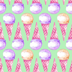Seamless ice-cream pattern. Watercolor hand drawn summer print in unusual colors.