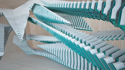 Fototapeta premium Abstract concrete and wood parametric interior with window. 3D illustration and rendering.