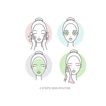 Woman skincare routine Icon collection. Steps how to remove face make-up. Vector isolated illustrations set.