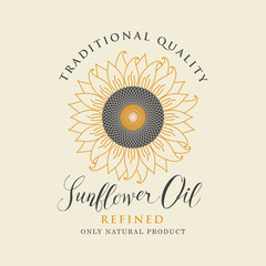 Vector label for refined sunflower oil with sunflower and handwritten inscription on a light background