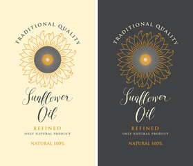 Set of two vector labels for refined sunflower oil with sunflower and handwritten inscription